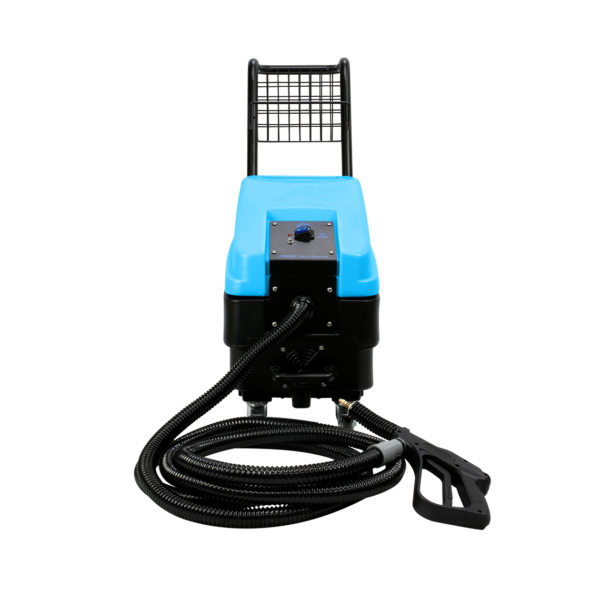 Frontal view of the Mytee Focus Vapor Steamer with hose and spray gun visible
