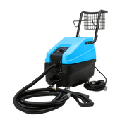 Left-angle view of the Mytee Focus Vapor Steamer showing hose connection and wheels
