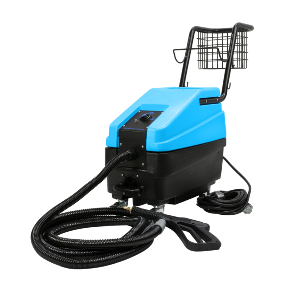Left-angle view of the Mytee Focus Vapor Steamer showing hose connection and wheels
