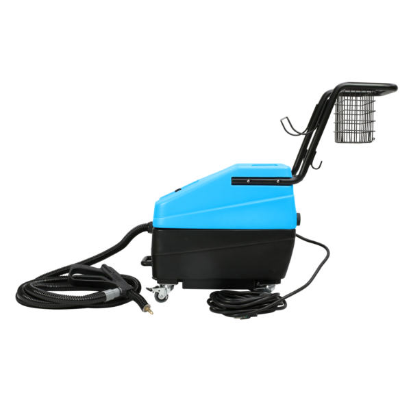 Left side profile of the Mytee Focus Vapor Steamer with visible tank and wheel base
