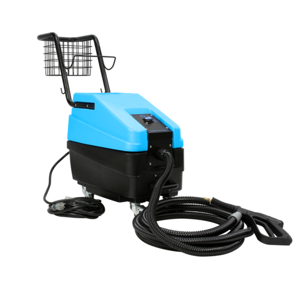 Right-angle view of Mytee Focus Steamer showing control panel and ergonomic handle
