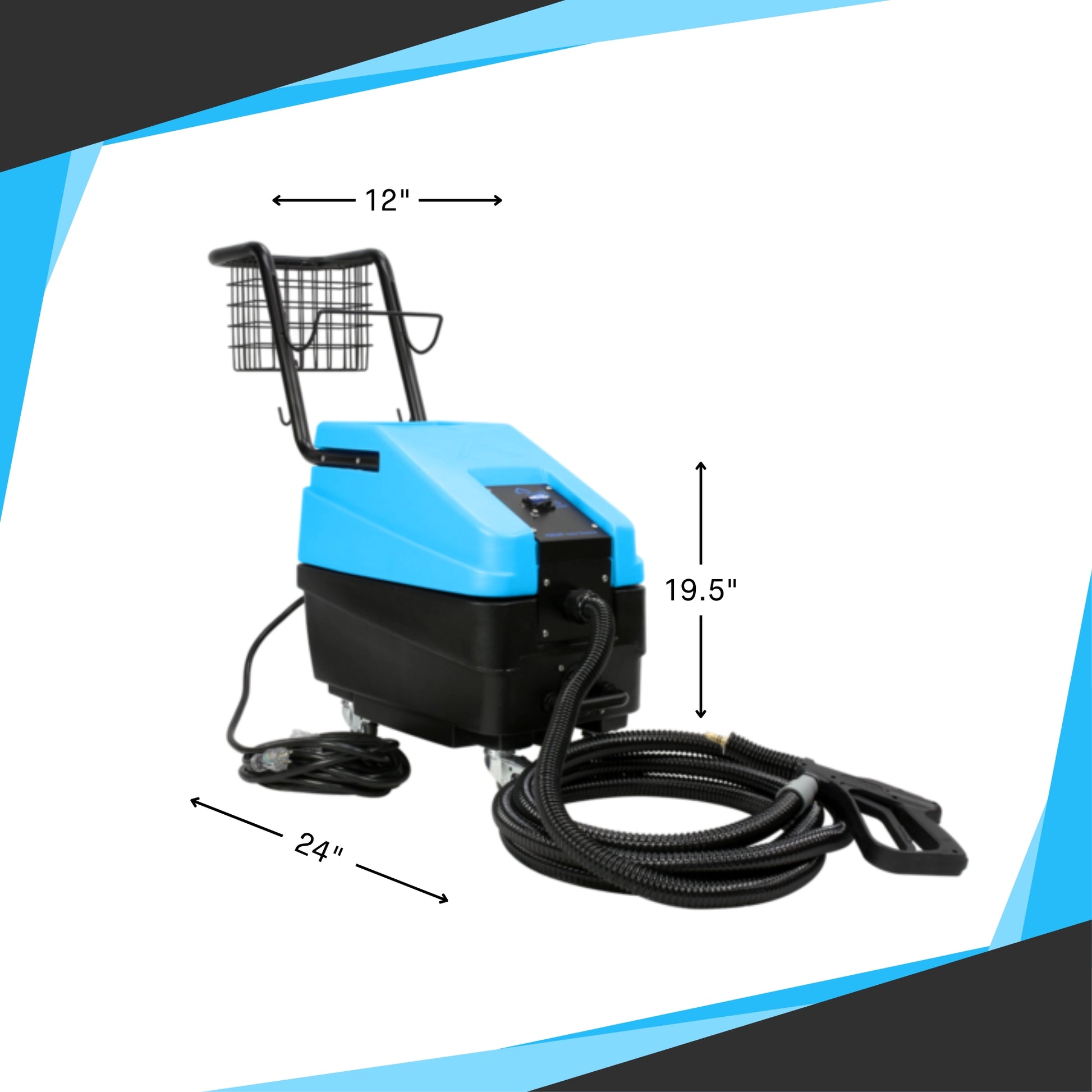 Mytee Focus Vapor Steamer shown next to person for scale reference
