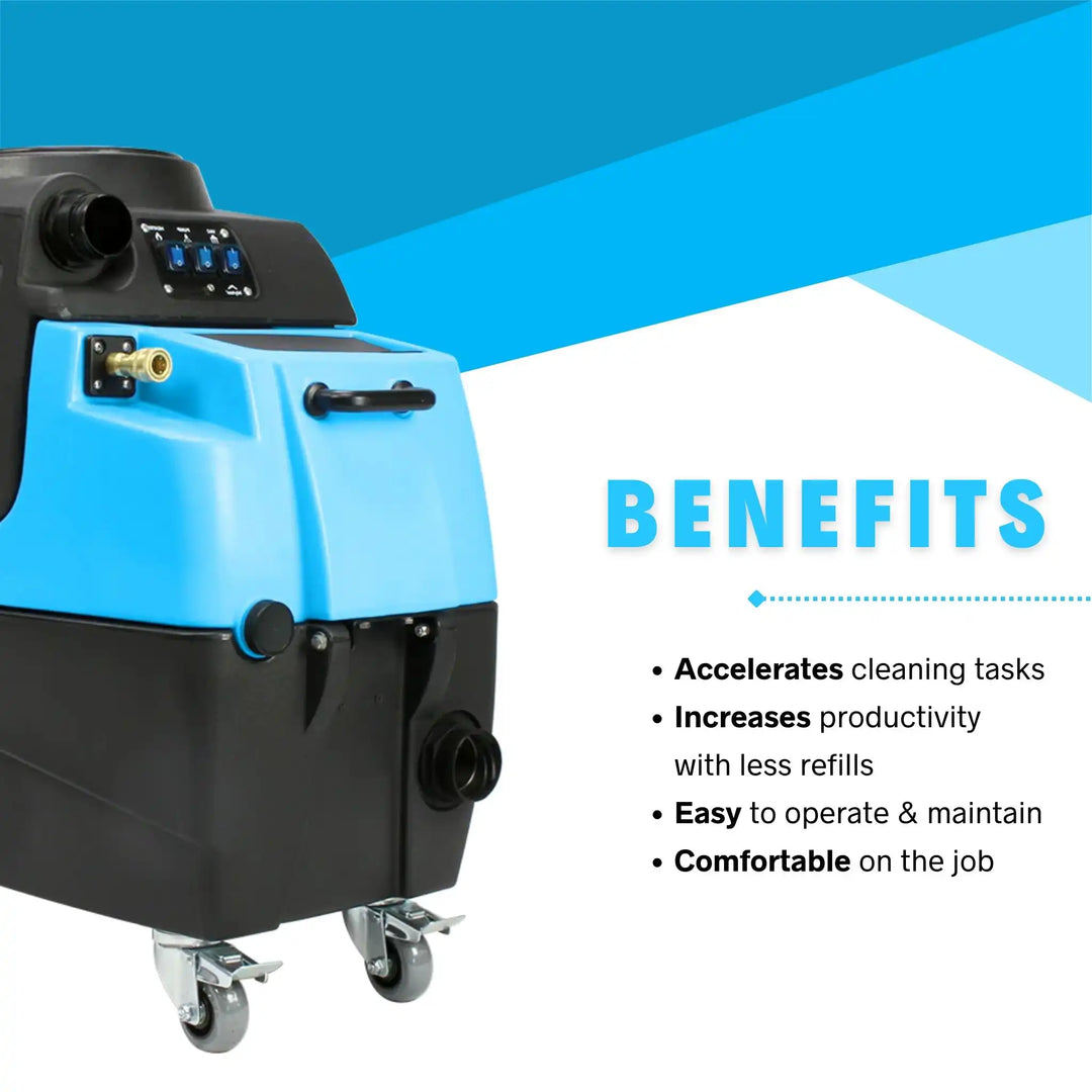 Mytee HP90 Stingray Extractor side view with benefits listed: accelerates tasks, increases productivity, easy operation, and job comfort

