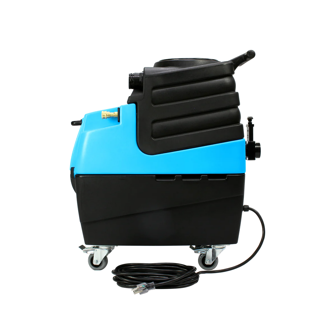 Mytee HP90 Stingray Extractor side view displaying dual vacuum motor housing and coiled power cord for portable, high-performance cleaning.
