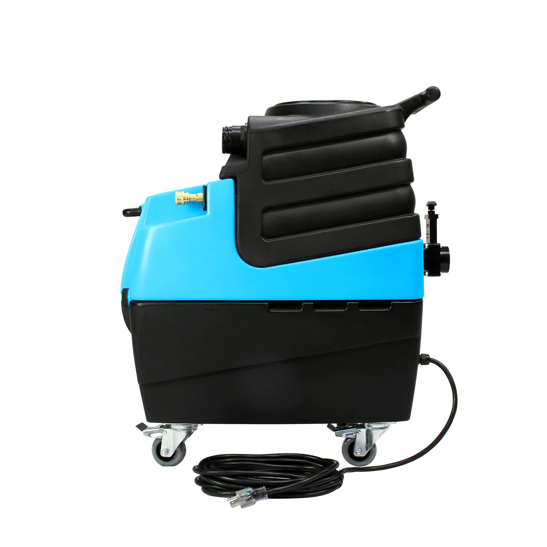 Mytee HP90 Stingray Extractor side view displaying dual vacuum motor housing and coiled power cord for portable, high-performance cleaning.
