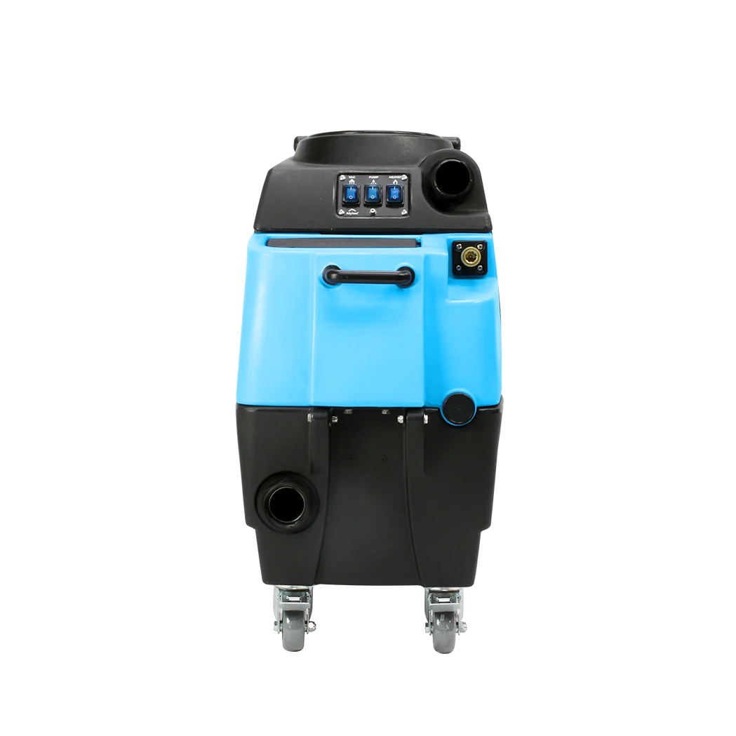 Mytee HP90 Stingray Extractor front view showing control panel, handle, and fluid connections for easy mobility and use
