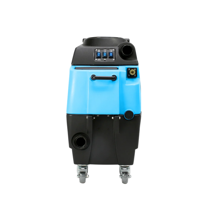 Mytee HP90 Stingray Extractor front view showing control panel, handle, and fluid connections for easy mobility and use
