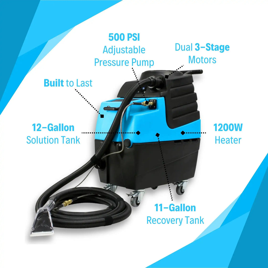 Mytee HP90 Stingray Extractor with labeled dual 3-stage motors, 1200W heater, 12-gallon solution tank, 11-gallon recovery tank, and 500 PSI pump