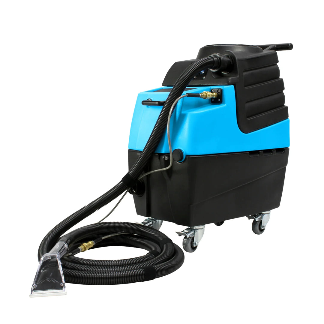 Mytee HP90 Stingray Extractor full view with attached vacuum hose, clear extraction wand, and wheeled base for portability.
