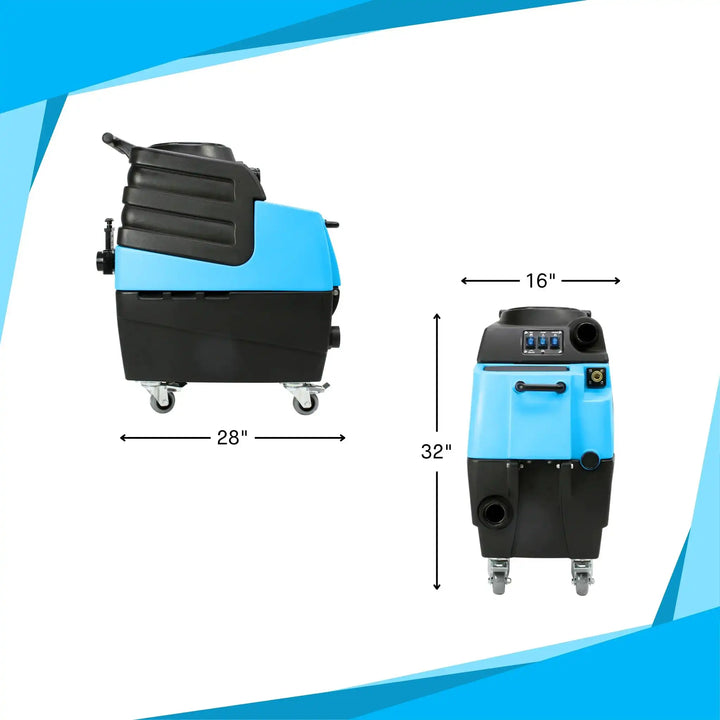 Mytee HP90 Stingray Extractor dimensions labeled 28" length, 16" width, and 32" height showing compact and portable design for professional use.
