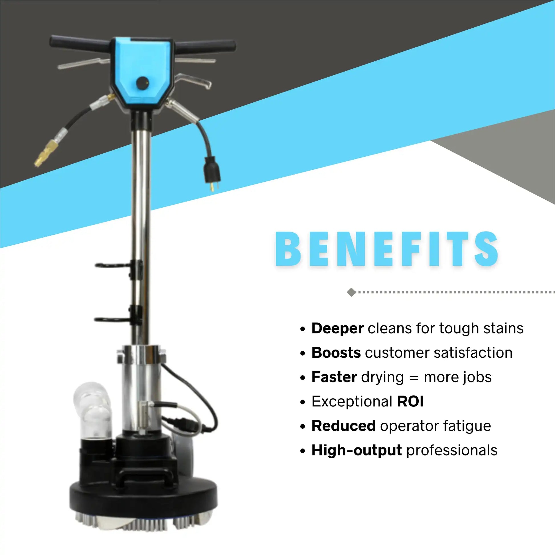 Front view of Mytee T-REX Jr. with benefits list highlighting deep cleaning, customer satisfaction, and reduced fatigue