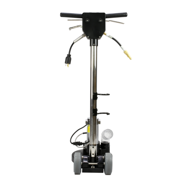 Back view of Mytee T-REX Jr. carpet extractor showing rear wheels and power cable
