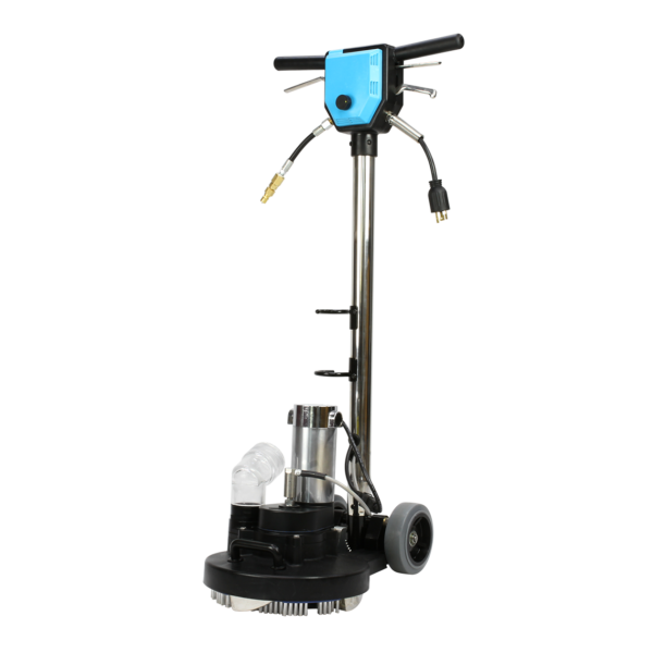 Left-side angle of the Mytee T-REX Jr. carpet extractor showing ergonomic handle and dual rear wheels