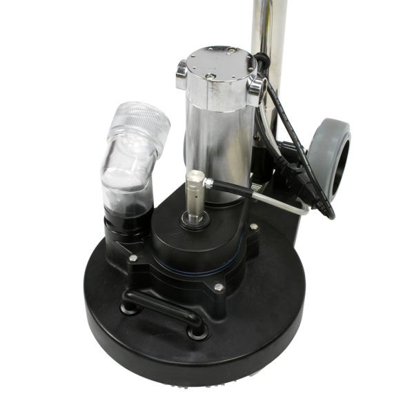 Close-up of Mytee T-REX Jr. motor housing and rear transport wheels on black base

