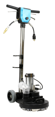 Front right view of the Mytee T-REX Jr. carpet extractor showing ergonomic handle and rotary cleaning head
