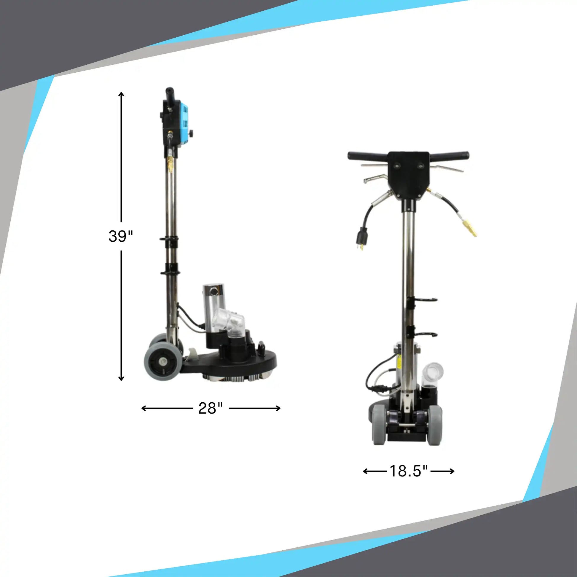 Scale and dimensions diagram of the Mytee T-REX Jr. rotary carpet extractor
