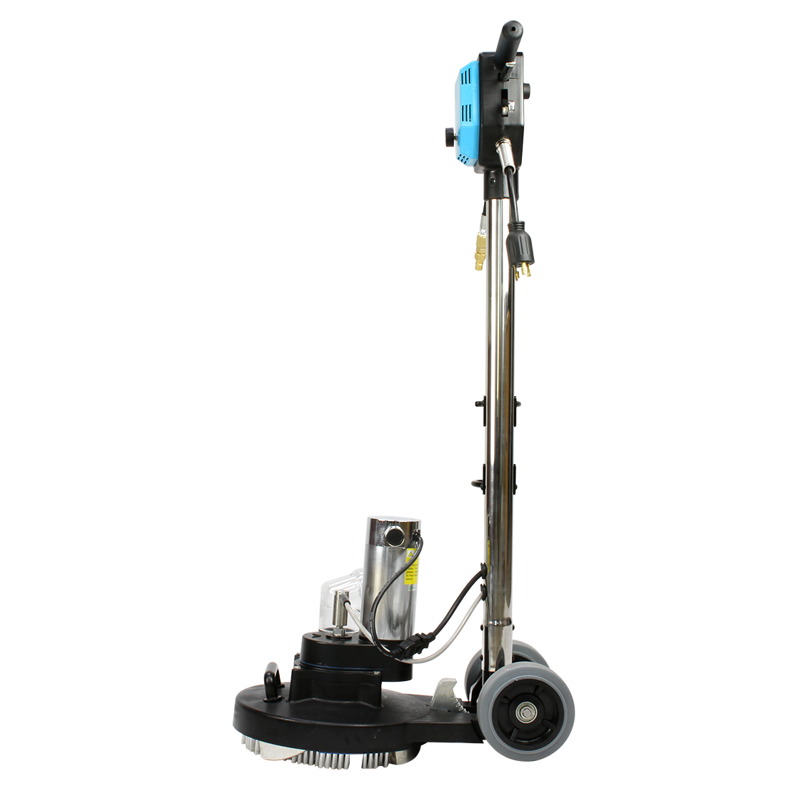 Side profile of the Mytee T-REX Jr. rotary extractor showing ergonomic handle and durable wheels