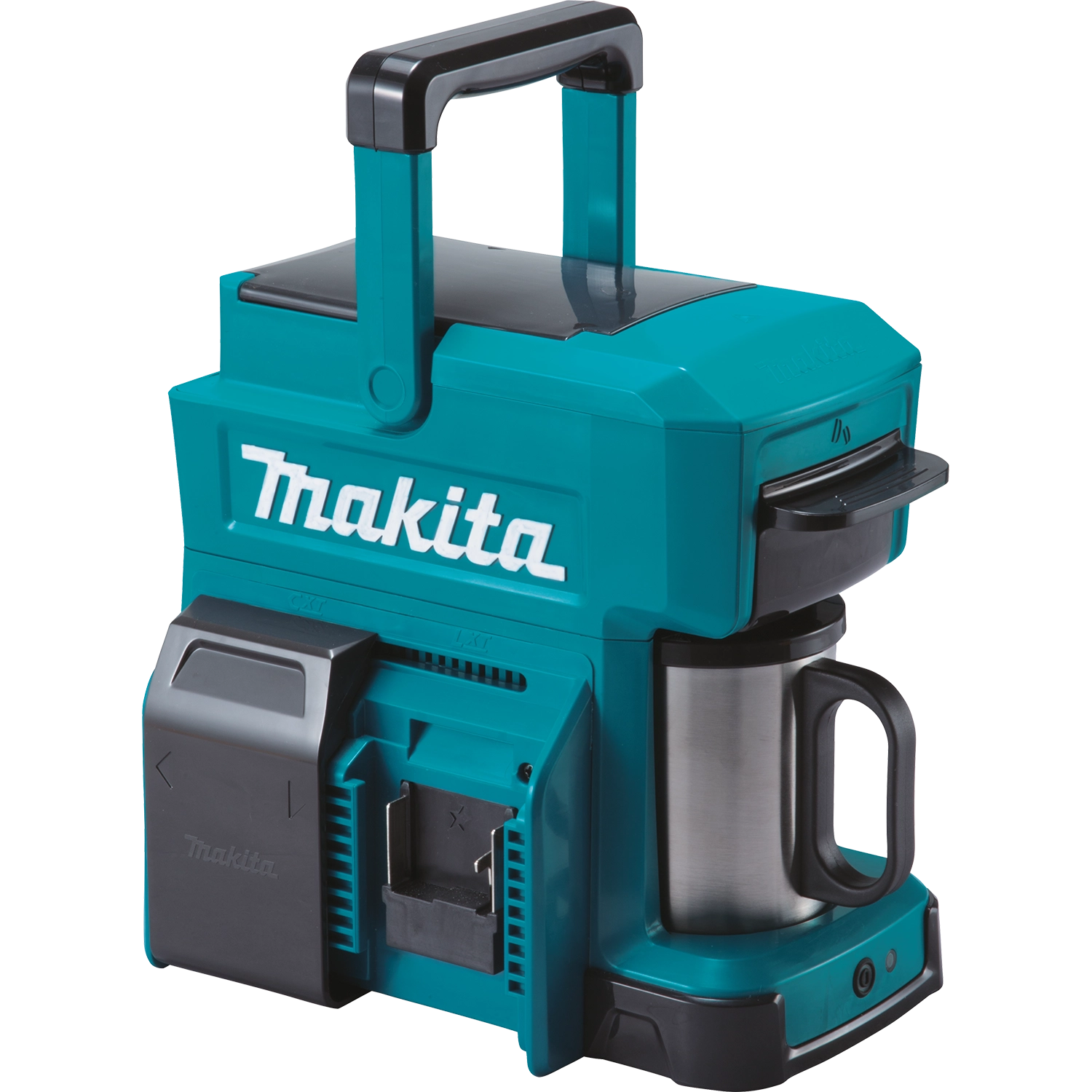 makita coffee maker without battery installed side view of unit
