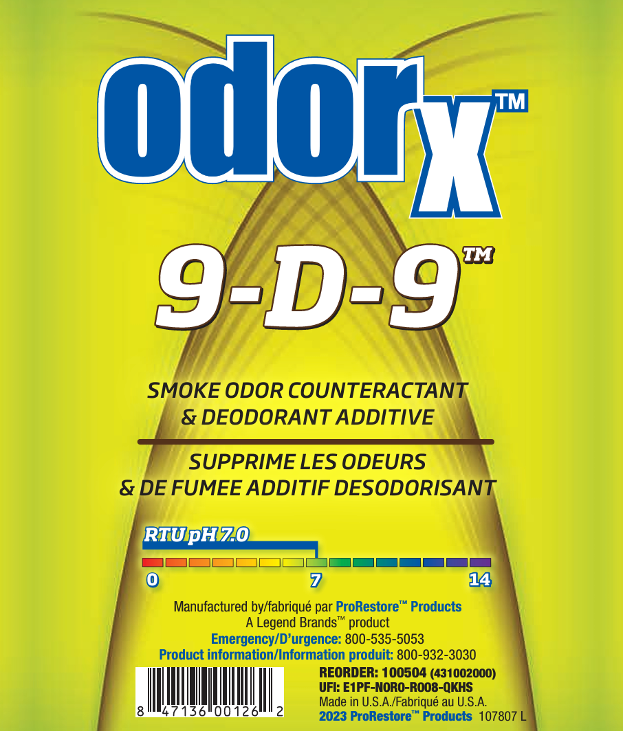 Close-up of front label on OdorX 9D9 bottle
