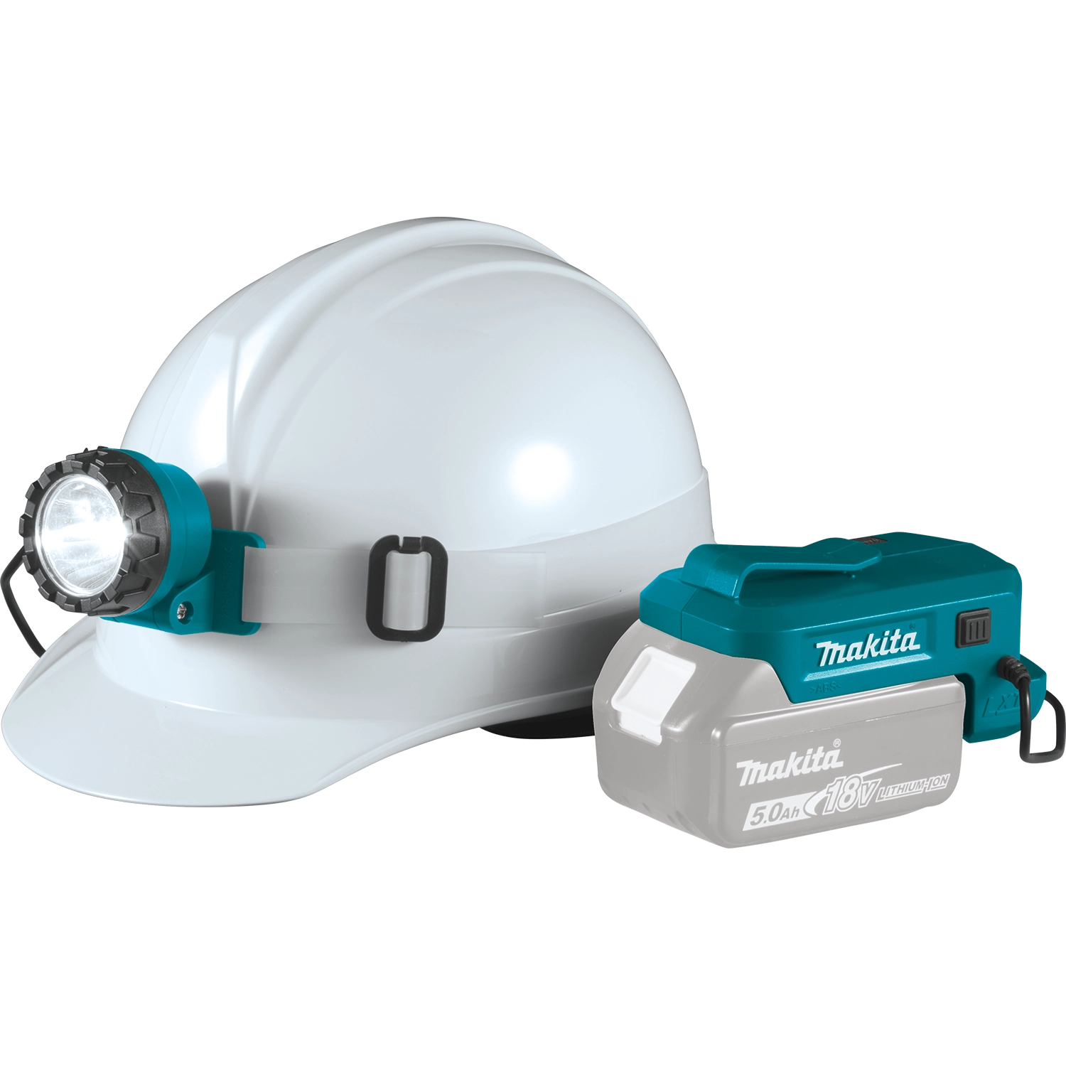 makita 18v lxt led headlamp mounted on hardhat for hands-free illumination
