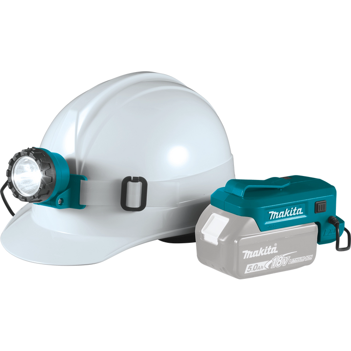 makita 18v lxt led headlamp mounted on hardhat for hands-free illumination
