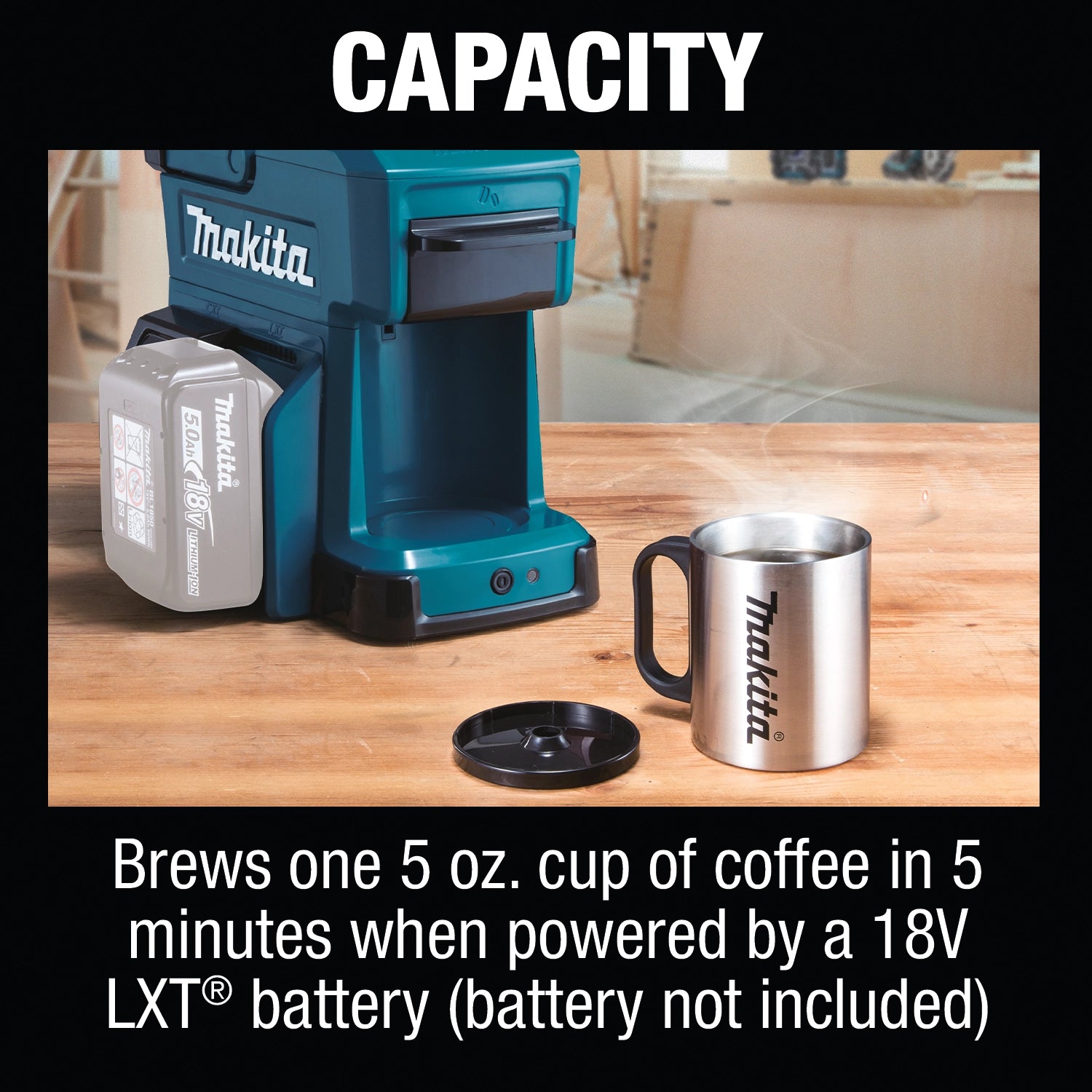 makita coffee maker in use on job site table with tools nearby
