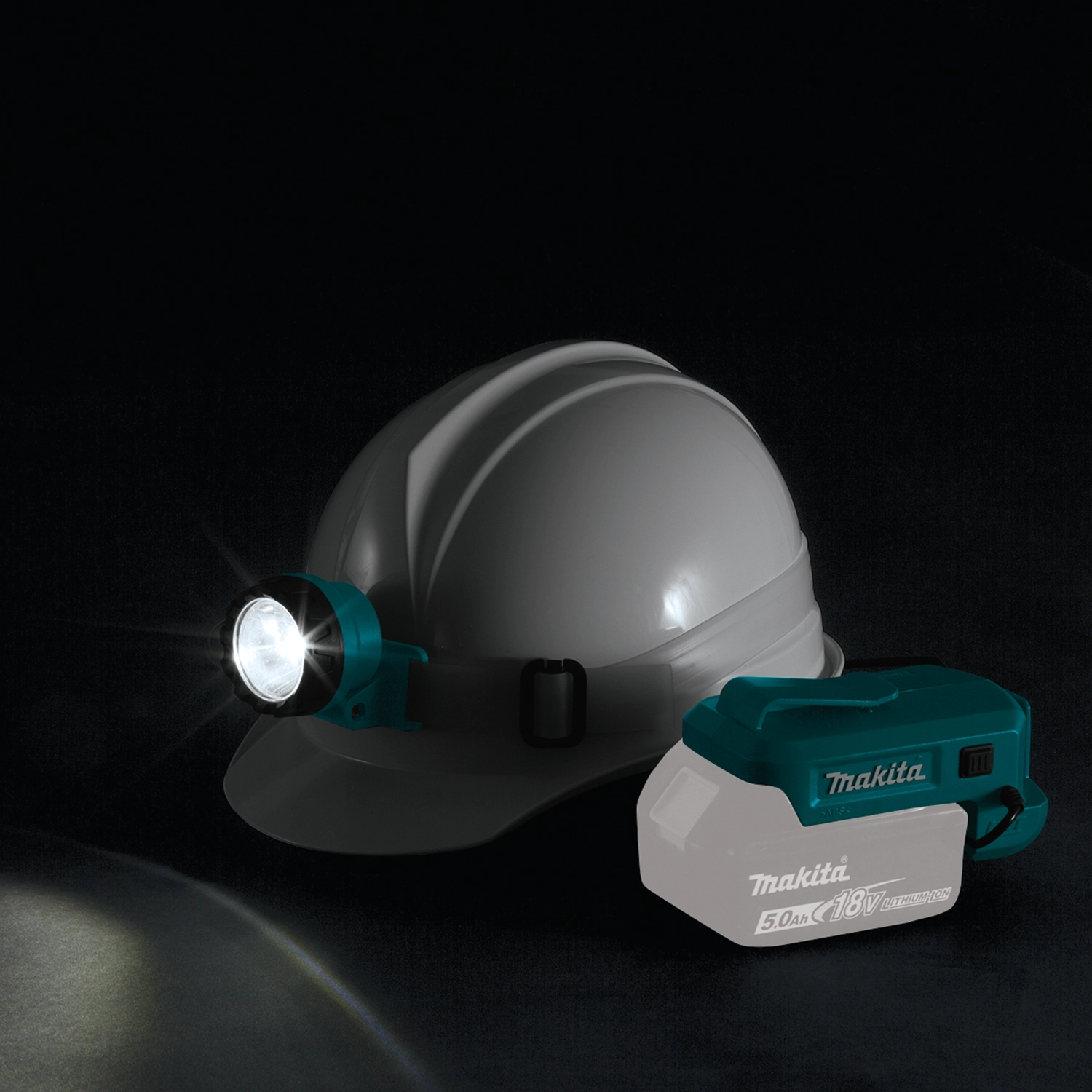 makita 18v lxt led headlamp lighting job site with bright directional beam
