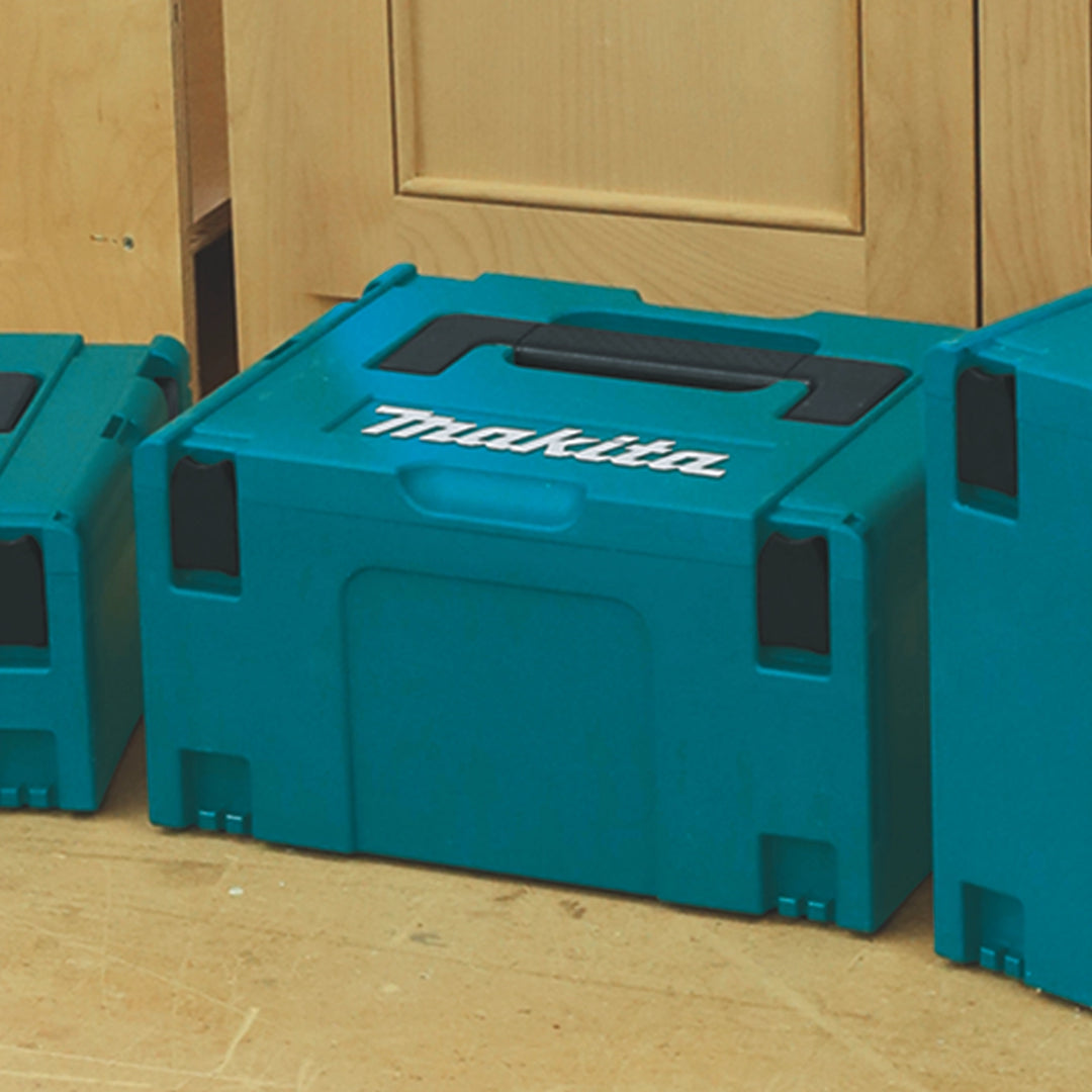 makita interlocking case on job site stacked with tools and gear
