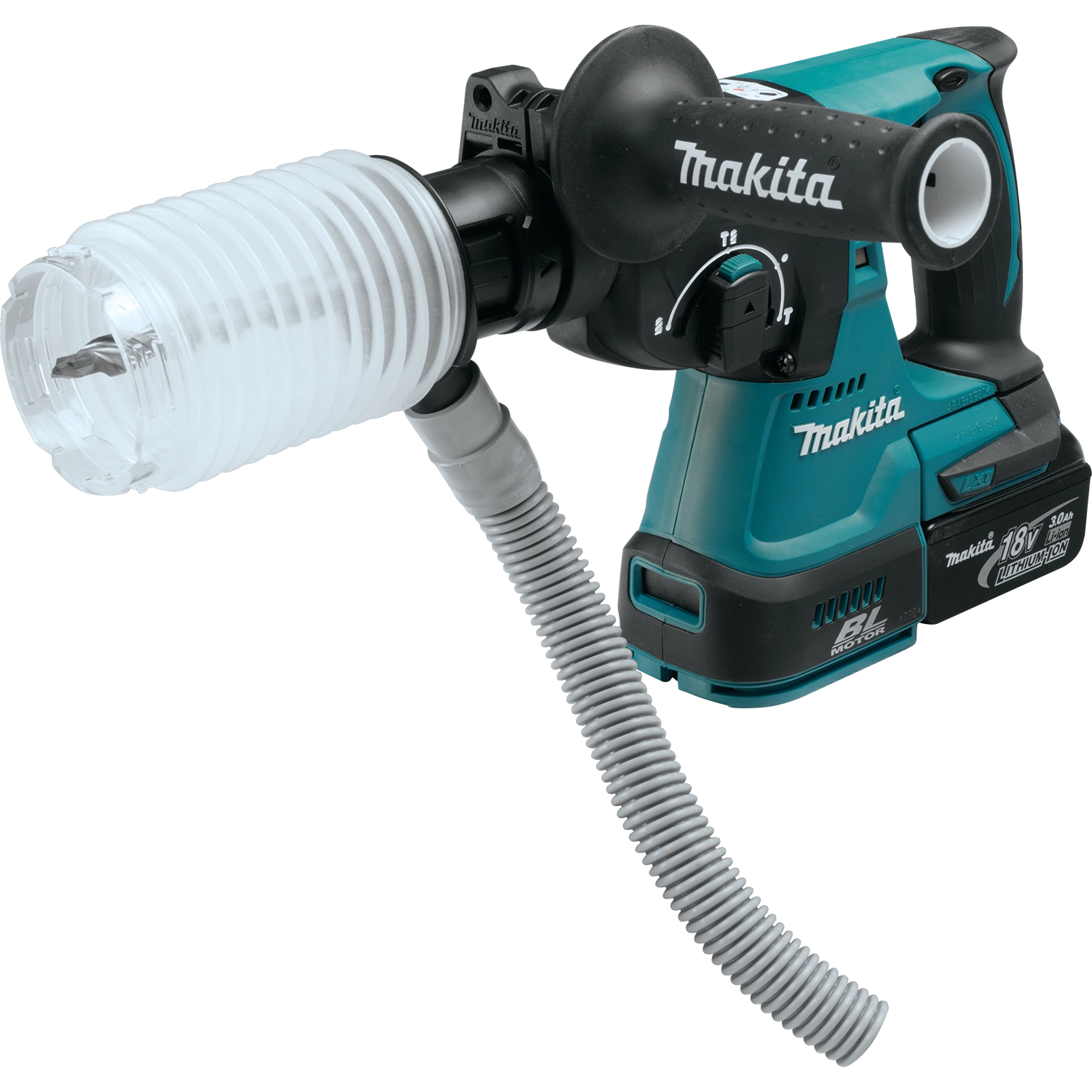 makita dust extraction cup mounted on compatible rotary hammer during operation

