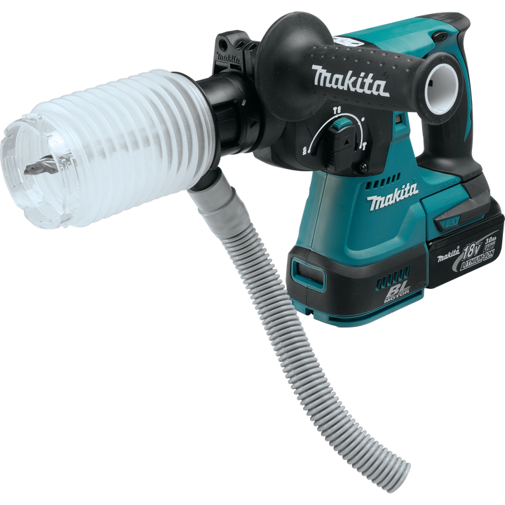 makita dust extraction cup mounted on compatible rotary hammer during operation
