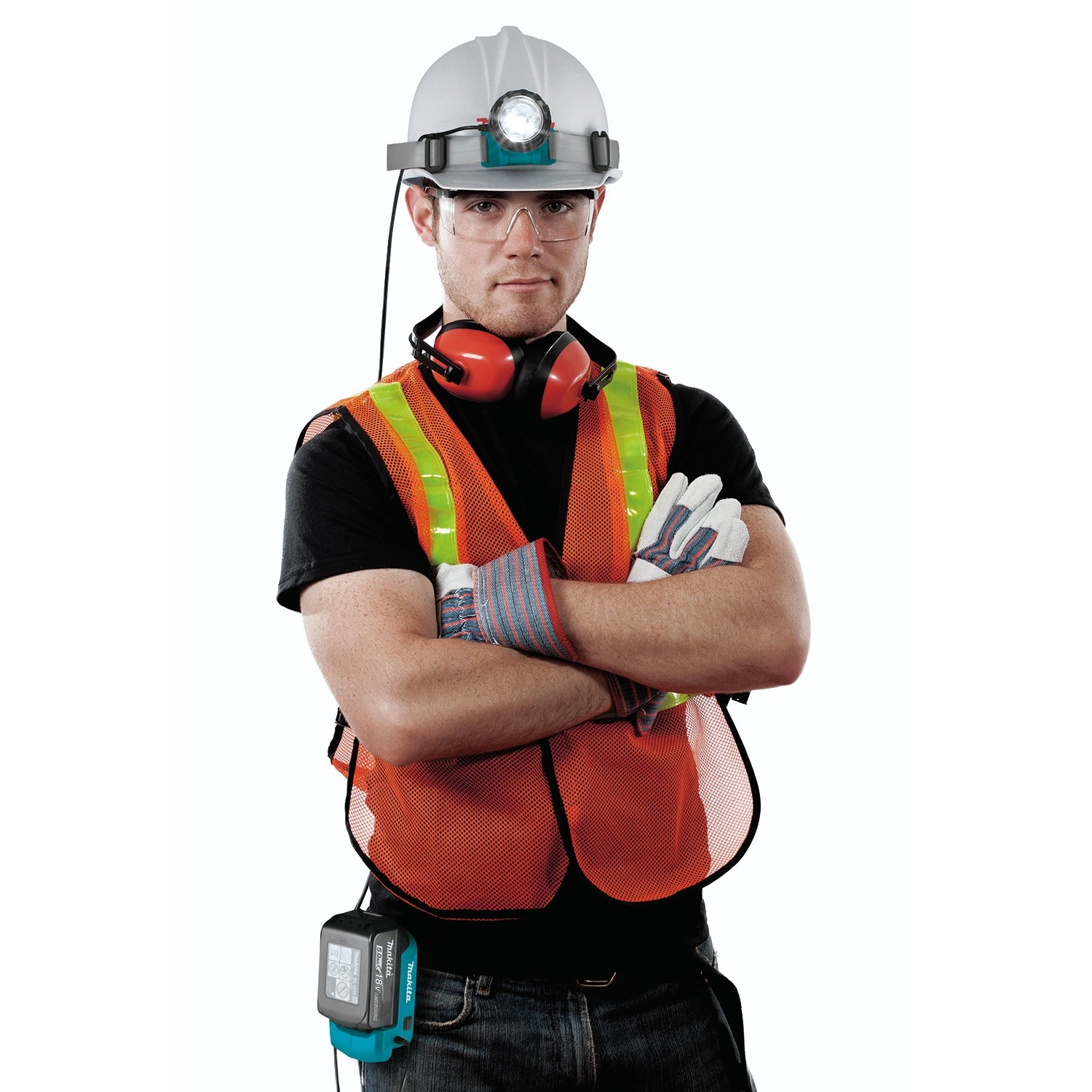 worker wearing makita 18v lxt led headlamp on job site for hands-free lighting

