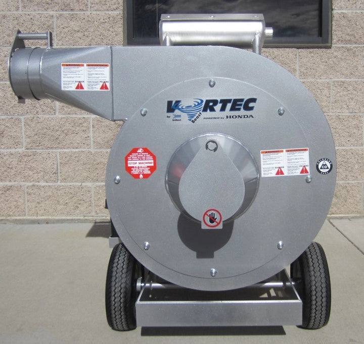 Opposite side view of Vortec insulation vacuum showing hose outlet and frame
