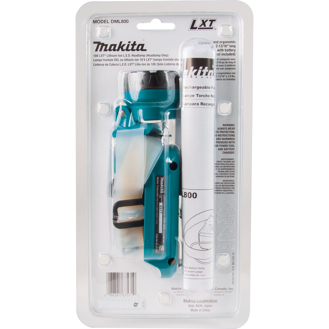 back of makita 18v lxt led headlamp packaging listing specs and features
