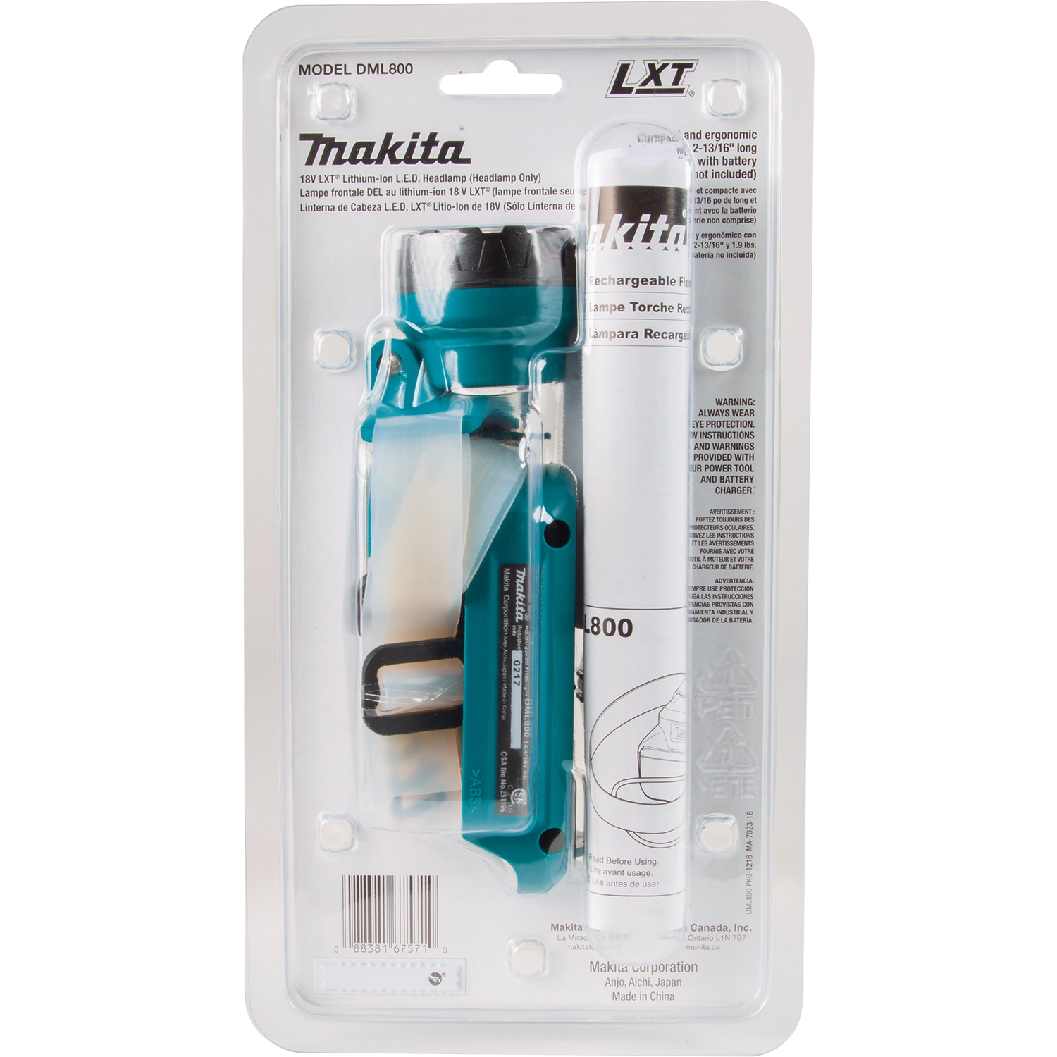 back of makita 18v lxt led headlamp packaging listing specs and features
