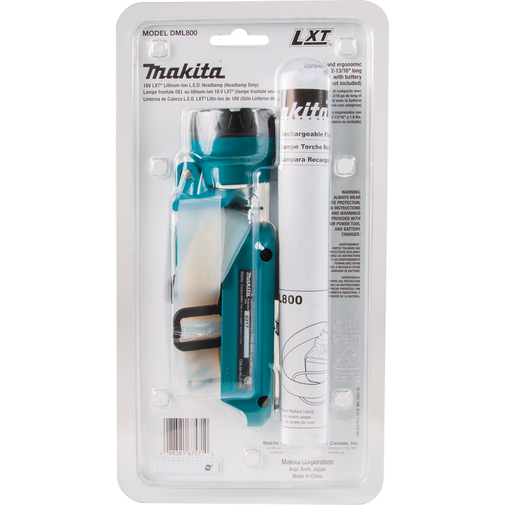 back of makita 18v lxt led headlamp packaging listing specs and features
