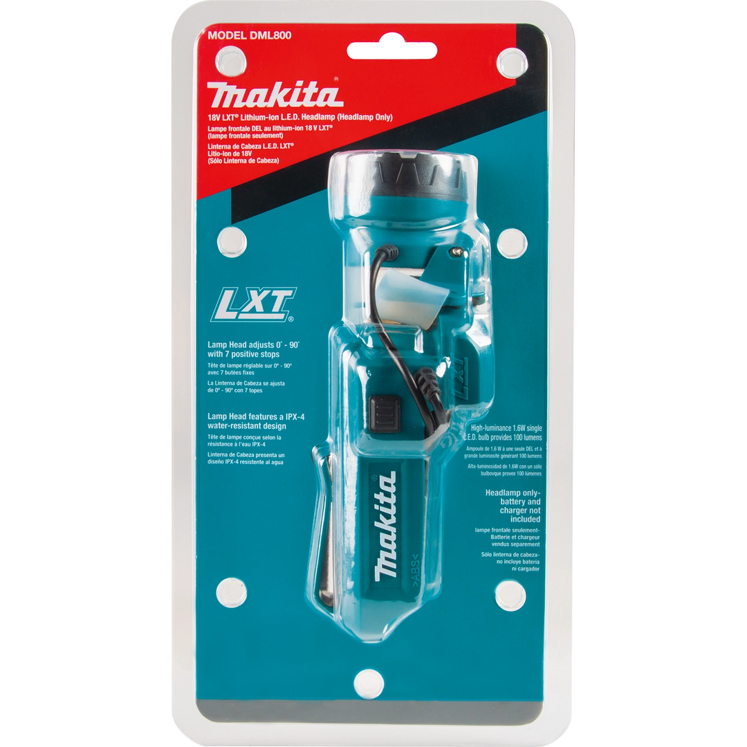 front of makita 18v lxt led headlamp retail packaging showing product image
