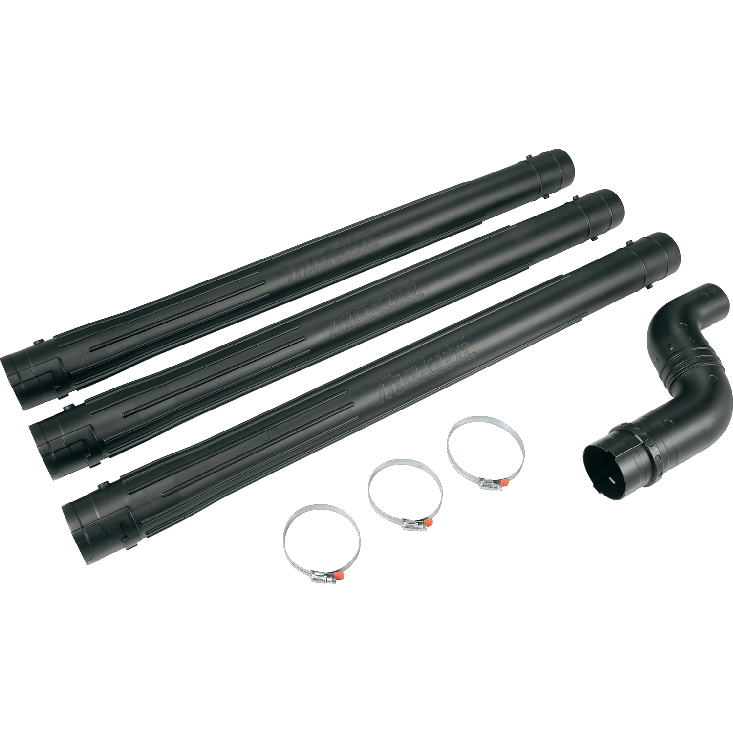 all parts included in makita gutter cleaning attachment kit shown laid out before assembly
