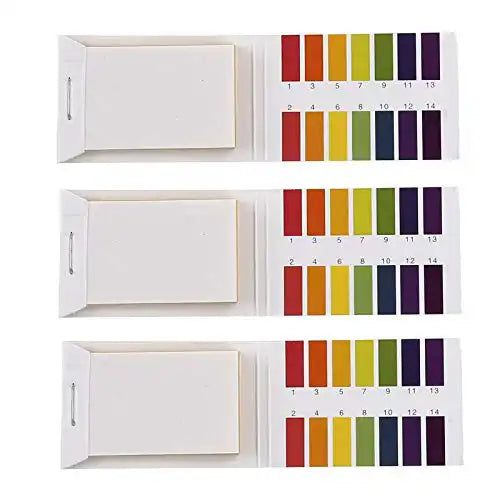 Set of three universal pH test strip booklets with color charts