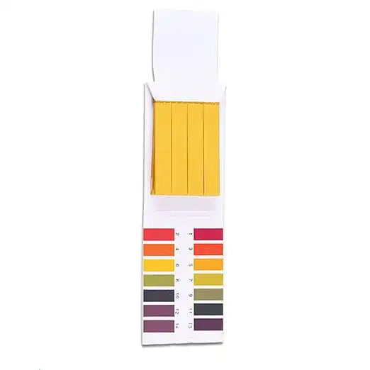 Fully open pH strip booklet with yellow test papers and full color guide