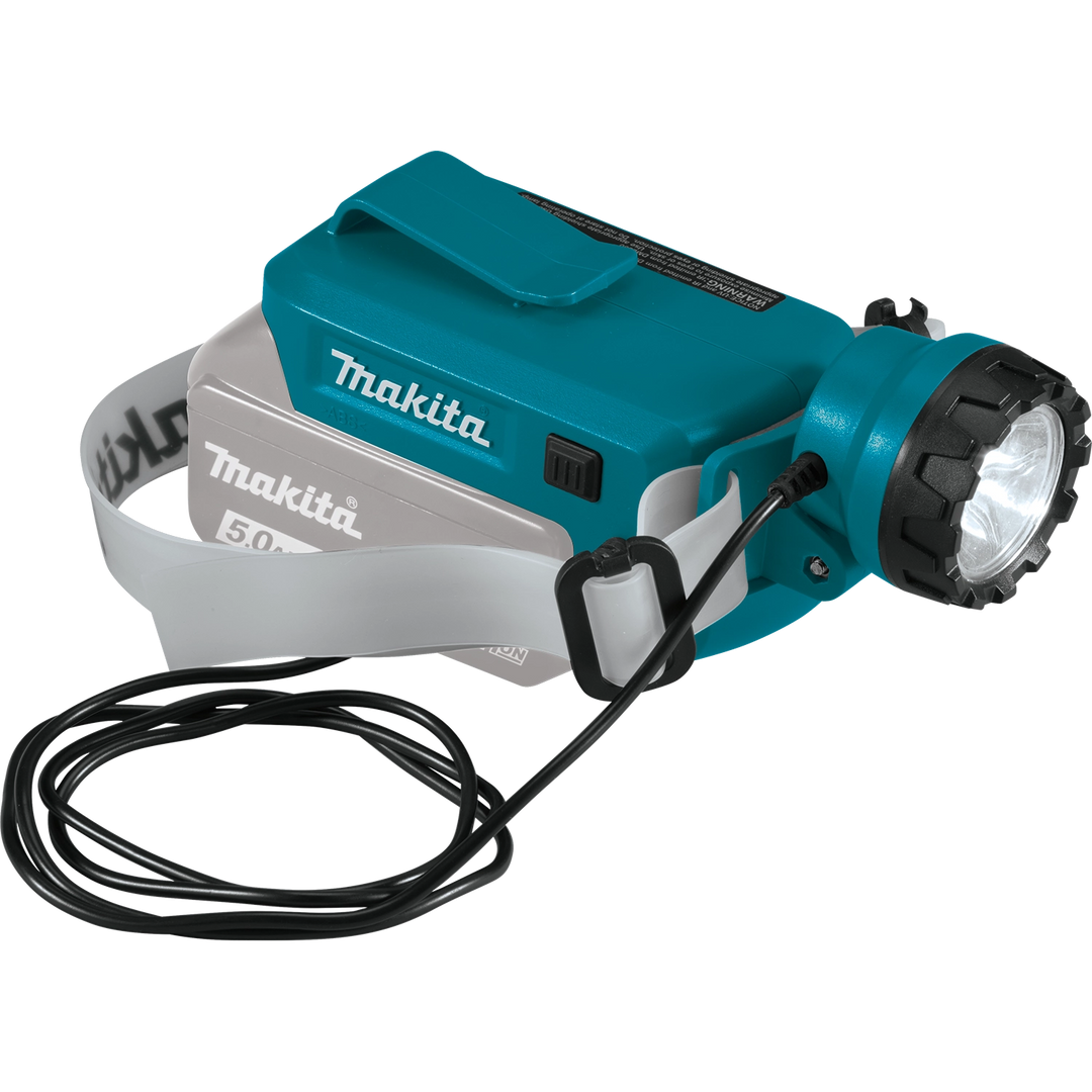 makita led headlamp plugged into 18v lxt battery for cordless power
