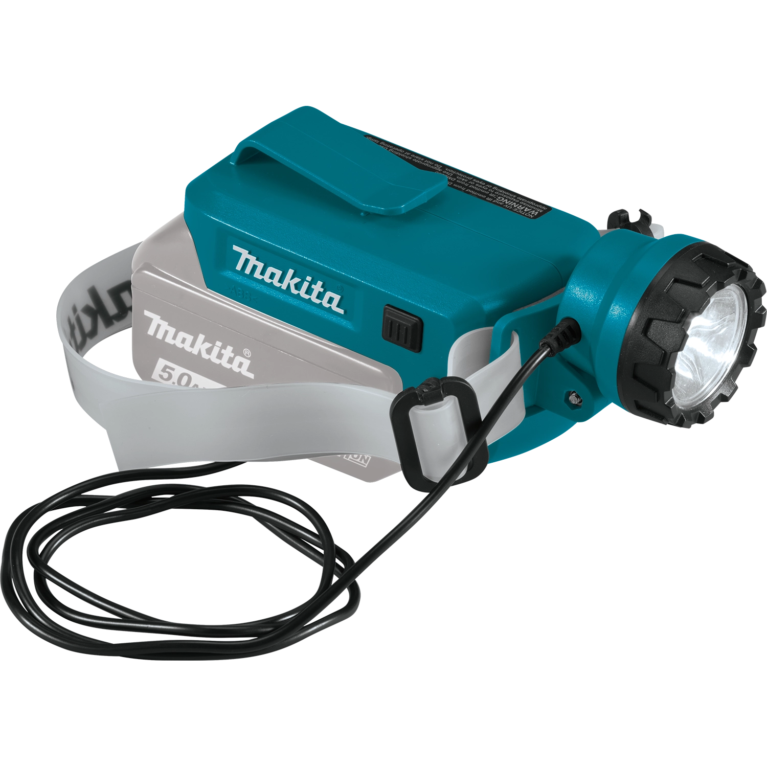 makita led headlamp plugged into 18v lxt battery for cordless power
