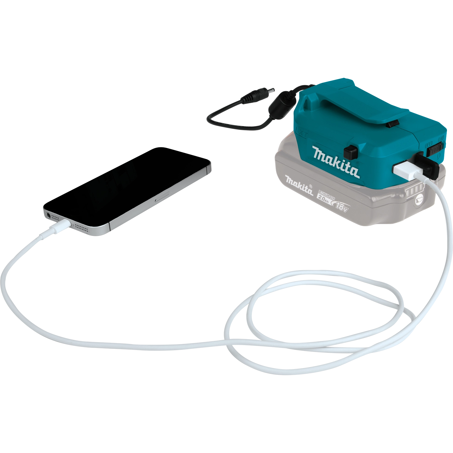 makita 18v lxt power source plugged into smartphone for mobile device charging
