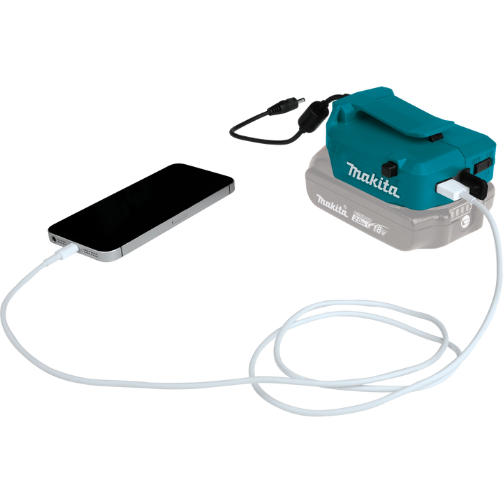 makita 18v lxt power source plugged into smartphone for mobile device charging

