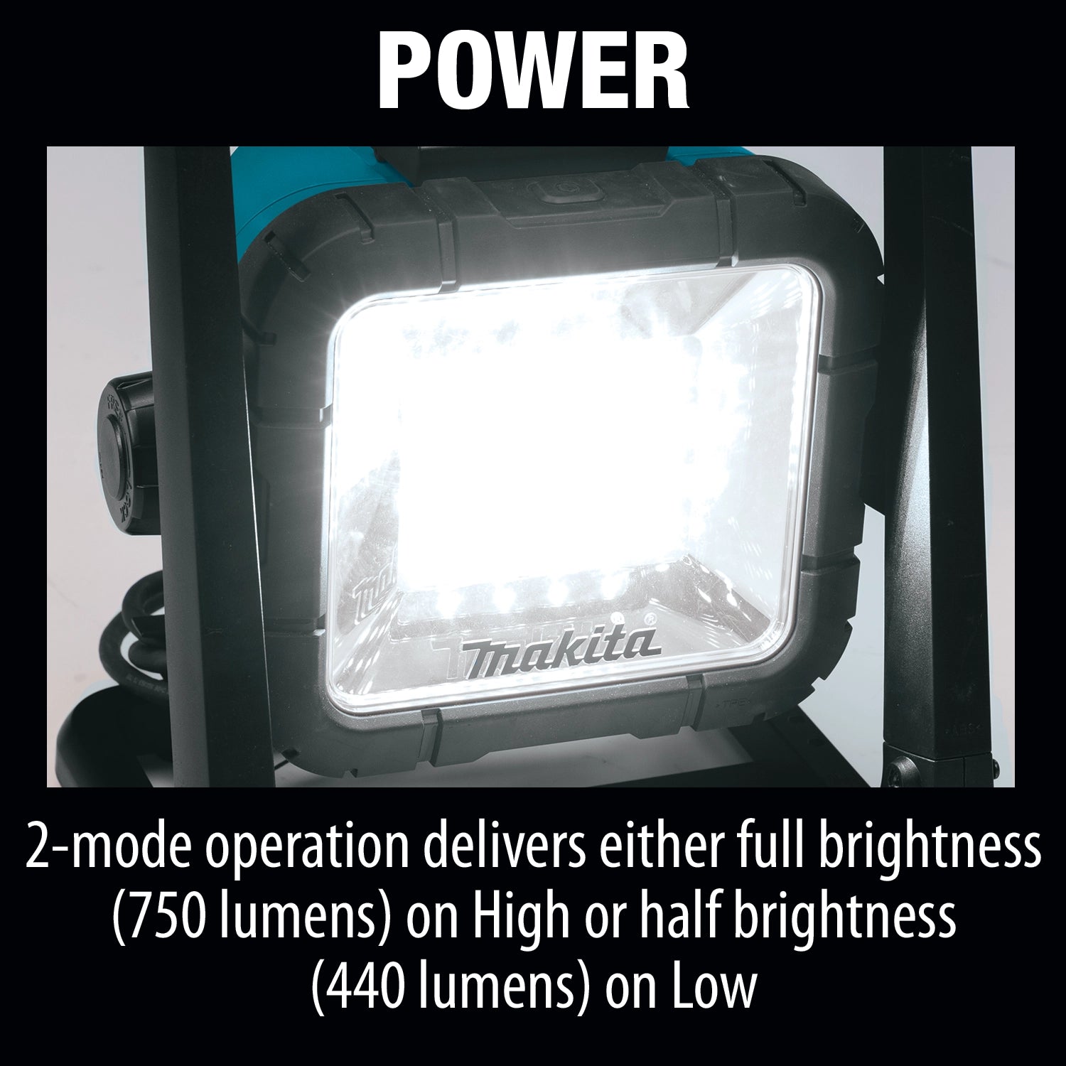 power output of makita 18v lxt led work light showing max brightness at 750 lumens
