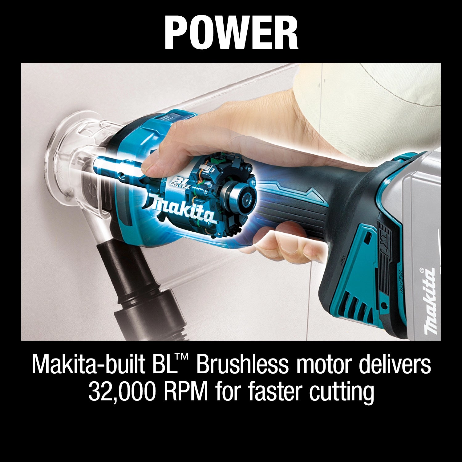 high power performance of makita brushless cut-out tool delivering up to 32000 rpm
