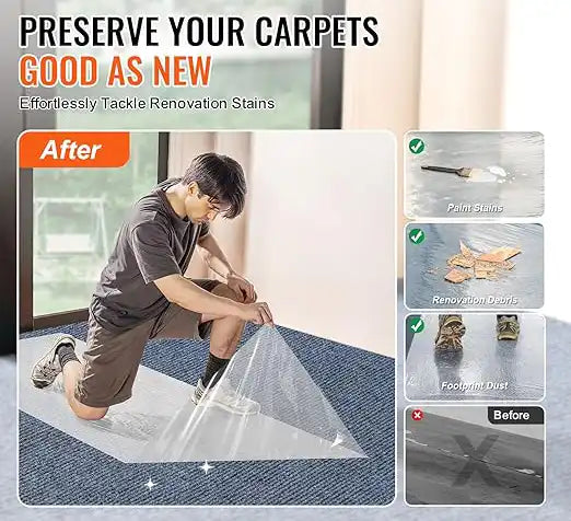 Marketing graphic showing Presto carpet film preserving carpet from dirt, spills, and foot traffic
