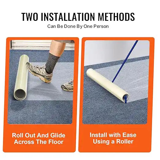 Presto carpet film shown being installed by hand and with roller tool for flexible application
