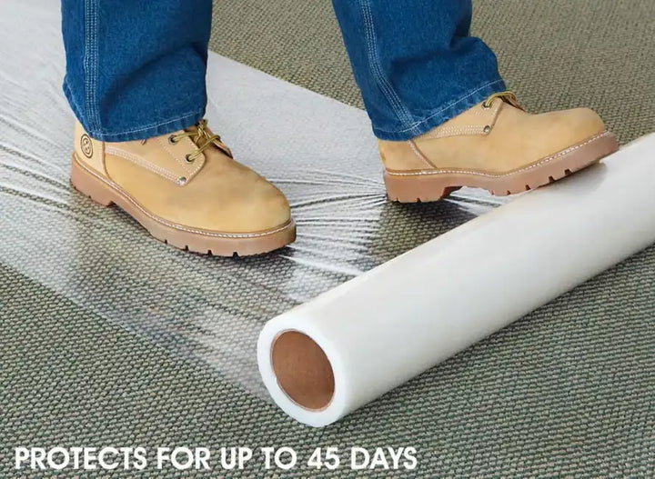 Presto Tape label showing up to 45 days of indoor carpet protection coverage

