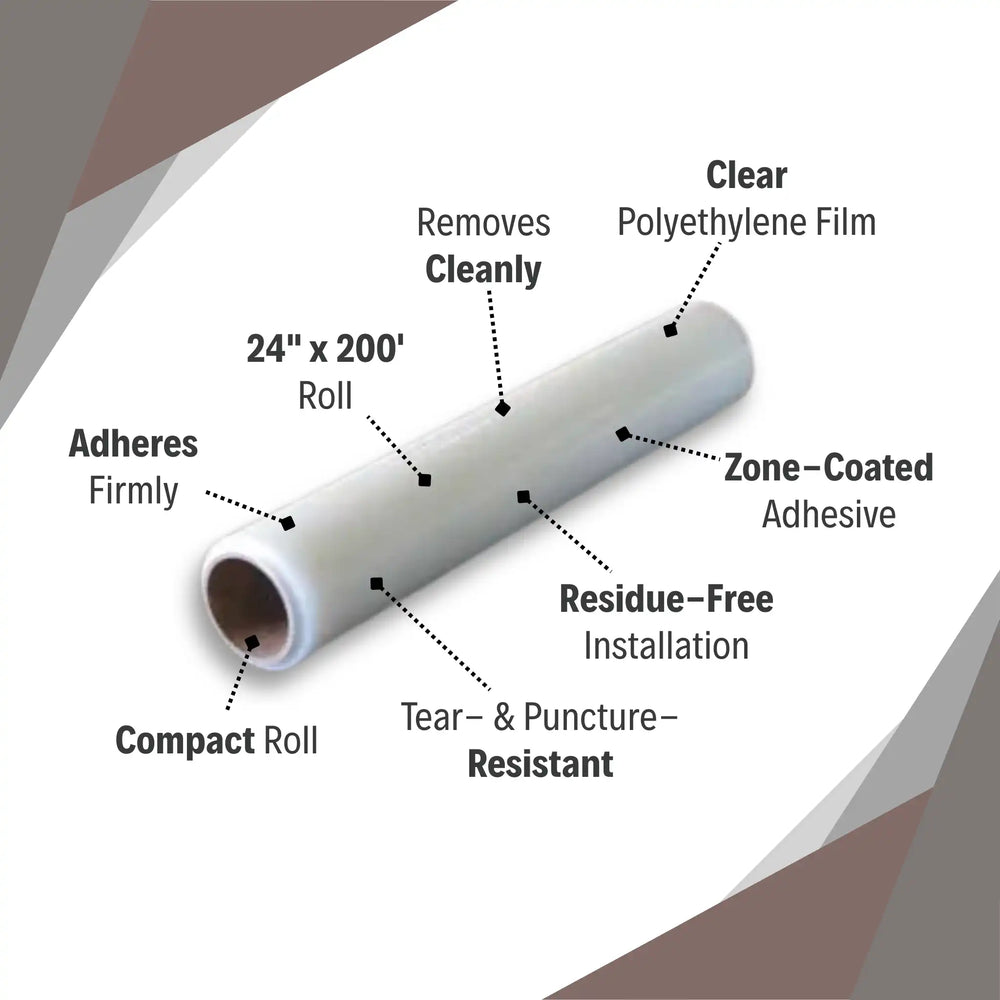 Presto carpet protection film labeled with features like zone-coated adhesive and tear resistance
