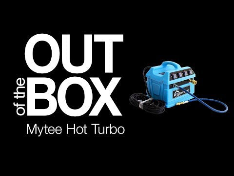 Video demonstration of the Mytee 240-120 Hot Turbo inline heater connected to an extractor, showing fast heat-up and carpet cleaning application.